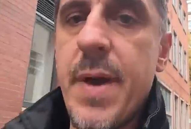 Gary Neville (above) has sparked a furious online backlash after his comments on the Manchester synagogue attack descended into a rant about 'angry middle-aged white men' dividing Britain by raising Union flags