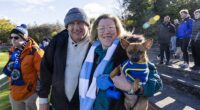 Christine and Chris Gibbon, and dog Peanut, take advantage of the Groundhoppers Day at Arthurlie FC