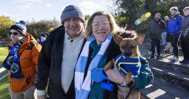 Christine and Chris Gibbon, and dog Peanut, take advantage of the Groundhoppers Day at Arthurlie FC