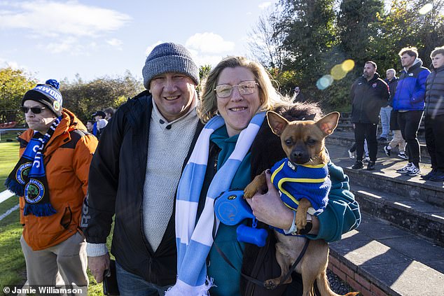 Christine and Chris Gibbon, and dog Peanut, take advantage of the Groundhoppers Day at Arthurlie FC