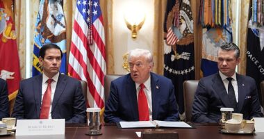 Donald Trump speaks during a cabinet meeting at the White House today, revealing his planned trip to the Middle East