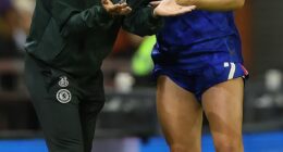 Matildas star Ellie Carpenter believes moving to Chelsea was the smart decision for her career (pictured, with Blues manager Sonia Bompastor)