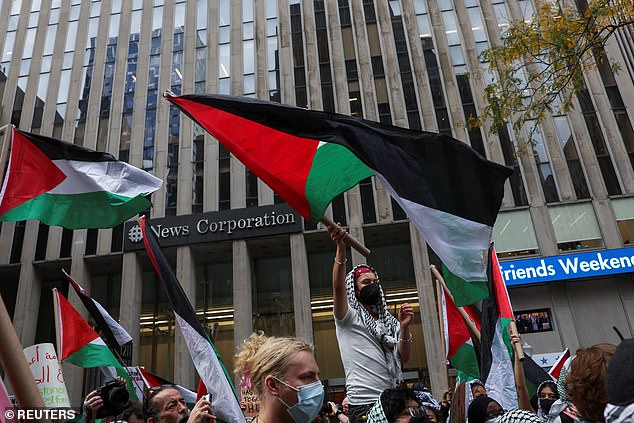In NYC, hundreds of protestors have gathered in front of the Fox News building and across college campuses, waving Palestinian flags and chanting