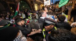 Police scuffle with protestors at the south end of Whitehall following a protest in Parliament square on Thursday