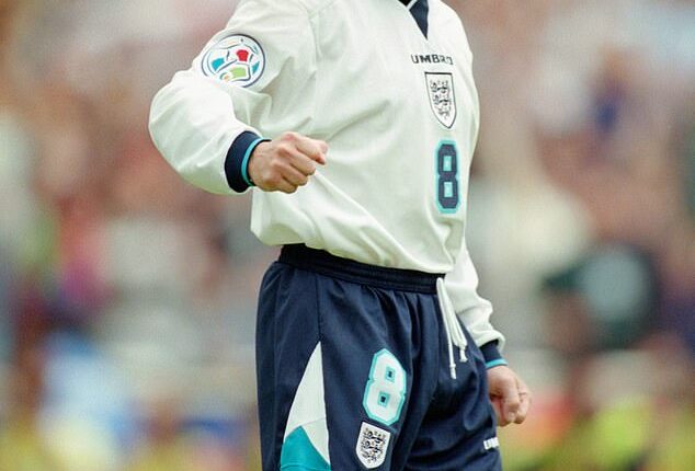 Paul Gascoigne celebrates after England's match against Scotland in the 1996 European Championships at Wembley Stadium on June 15