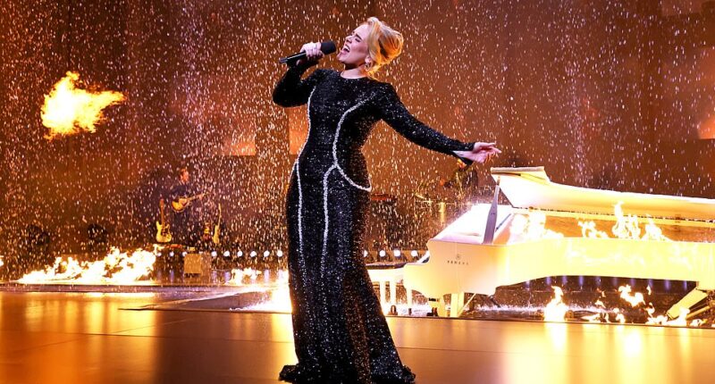 For the best part of a year, fans worldwide have been asking: ‘Where is Adele ?’ Such has been the mystery of the 37-year-old star’s absence from stage and screen. So when a fan spotted Adele last month with a group of girlfriends in the low-lit Pinky Ring Lounge in Las Vegas , he rushed over and could barely conceal his excitement as he snapped a picture. The 16-time Grammy winner indulged the fan and pulled a thin smile as she posed next to him, wearing a wide-shouldered plunging black blazer.