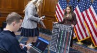 Congressional staffers prepare a chart for display prior to a government shutdown press conference with Speaker of the House Mike Johnson in the Capitol.