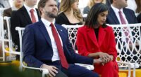 Vice President JD Vance (L) sits with his wife Usha Vance prior to a Presidential Medal of Freedom ceremony for Charlie Kirk in the Rose Garden of the White House on October 14
