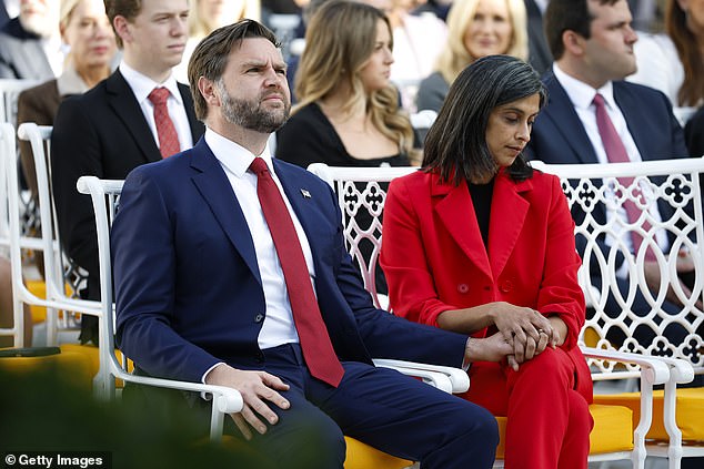 Vice President JD Vance (L) sits with his wife Usha Vance prior to a Presidential Medal of Freedom ceremony for Charlie Kirk in the Rose Garden of the White House on October 14