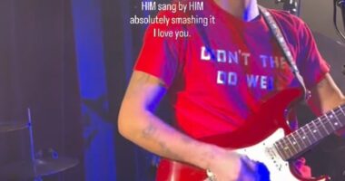 Jackie Apostel, 29, fangirled over her boyfriend Cruz Beckham, 20, as he performed on stage with his band for the first time on Tuesday night