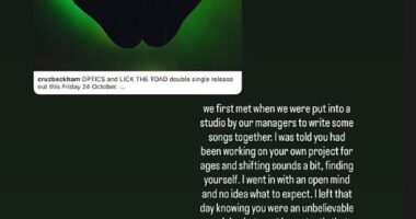 Jackie Apostel has recalled her first meeting with 'unbelievable musician' Cruz Beckham and described how their working relationship blossomed into a high profile romance