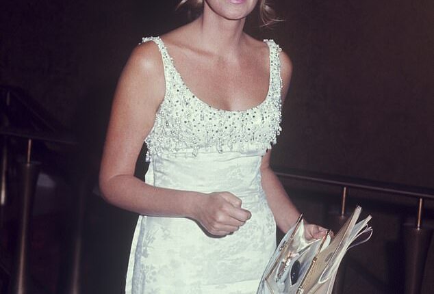 Joan Kennedy in a beaded white formal dress, circa 1970