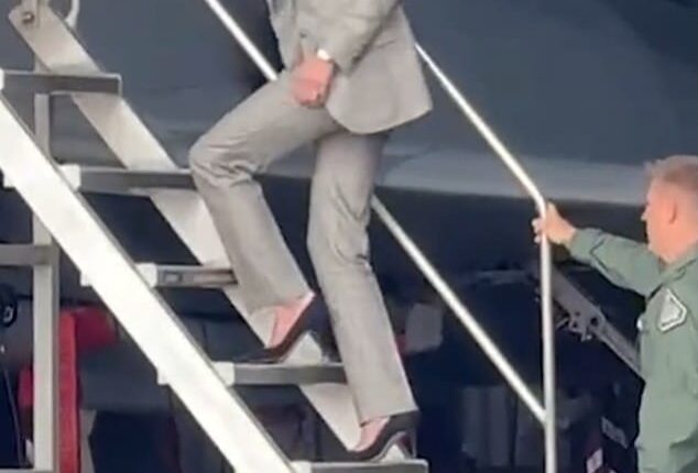 Kate amazed fans with her ability to flawlessly strut up and down an aircraft's boarding stairs in her navy stilettos from Stuart Weitzman