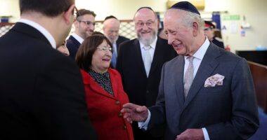 The King meets people on a trip to Heaton Park Hebrew Congregation Synagogue today