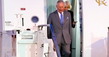 King Charles and Queen Camilla step off their plane as they arrive at Ciampino Airport ahead of their state visit to the Vatican