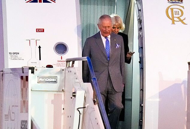 King Charles and Queen Camilla step off their plane as they arrive at Ciampino Airport ahead of their state visit to the Vatican