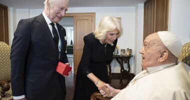 King Charles (pictured with Queen Camilla and the late Pope Francis in April last year) will become the first monarch in 500 years to pray in public with a pope next week