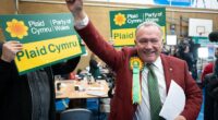 Plaid Cymru's Lindsay Whittle celebrated coming out on top of the Caerphilly by-election
