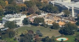 The demolition of the East Wing of the White House, the location of U.S. President Donald Trump's proposed ballroom is seen from an elevated position on the North side of the White House in Washington