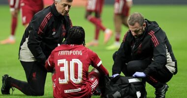Jeremie Frimpong went down clutching his hamstring during Liverpool's clash against Frankfurt