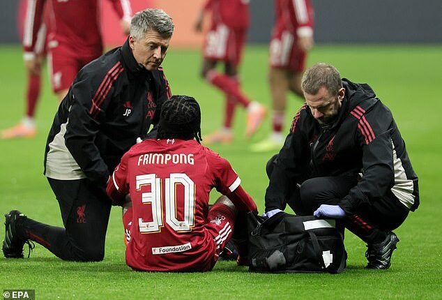 Jeremie Frimpong went down clutching his hamstring during Liverpool's clash against Frankfurt