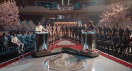L-R: Romeo Carere, Anthony Natale and Oded Fehr in season 1, episode 2 of Star Trek: Starfleet Academy streaming on Paramount+.