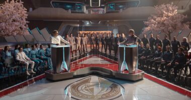 L-R: Romeo Carere, Anthony Natale and Oded Fehr in season 1, episode 2 of Star Trek: Starfleet Academy streaming on Paramount+.