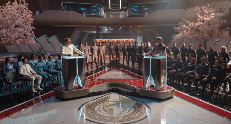 L-R: Romeo Carere, Anthony Natale and Oded Fehr in season 1, episode 2 of Star Trek: Starfleet Academy streaming on Paramount+.