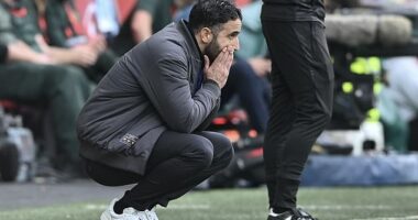 Ruben Amorim looks dejected as his Manchester United side slump to yet another defeat, at Brentford on Saturday