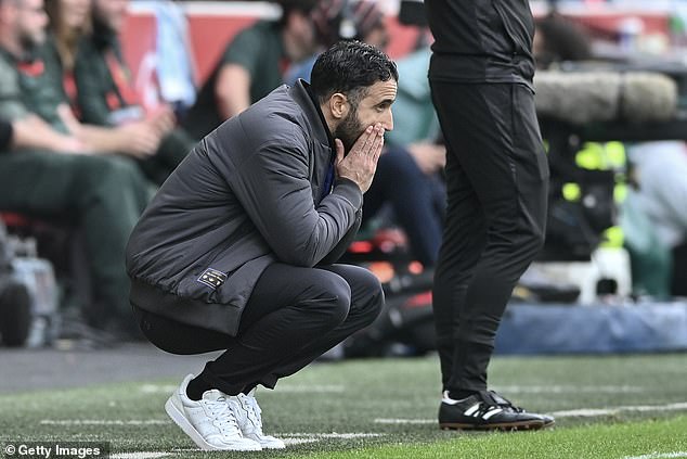 Ruben Amorim looks dejected as his Manchester United side slump to yet another defeat, at Brentford on Saturday