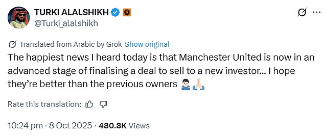 Man United up for sale? Saudi boxing supremo Turki Al-Sheikh claims Red Devils are 'in an advanced stage of completing a deal to sell to a new investor' - and appears to aim a dig at the Glazers and Sir Jim Ratcliffe