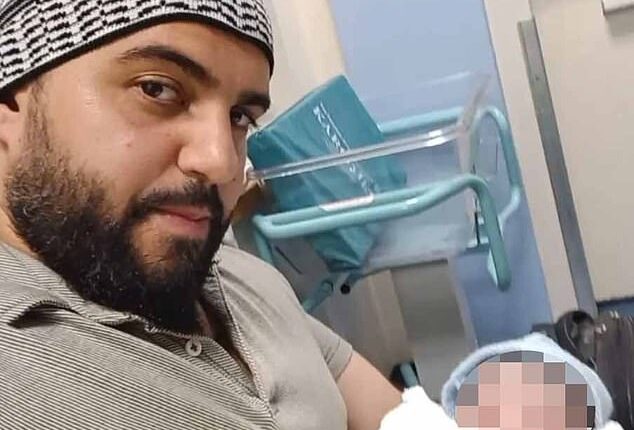 Jihad Al-Shamie, 35, who was shot dead minutes after he targeted Heaton Park Synagogue in Manchester yesterday. It is believed he was a father and is pictured holding a child