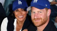 Meghan Markle, left, glimmered from the bleachers last night as she enjoyed an atmospheric evening watching the LA Dodgers baseball game with Prince Harry, right, just hours after launching a festive collection for her lifestyle brand