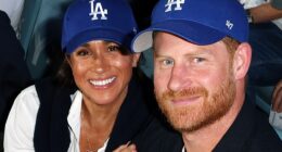 Meghan Markle, left, glimmered from the bleachers last night as she enjoyed an atmospheric evening watching the LA Dodgers baseball game with Prince Harry, right, just hours after launching a festive collection for her lifestyle brand