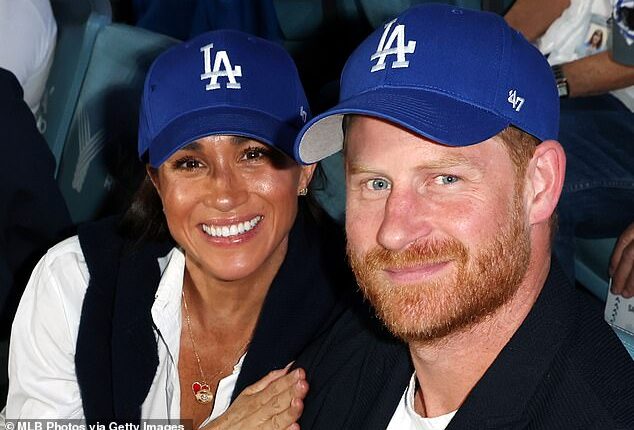 Meghan Markle, left, glimmered from the bleachers last night as she enjoyed an atmospheric evening watching the LA Dodgers baseball game with Prince Harry, right, just hours after launching a festive collection for her lifestyle brand
