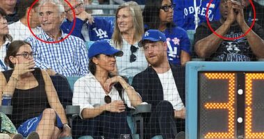 Prince Harry and Meghan Markle were sat in front of Sandy Koufax (left) and Magic Johnson (right)