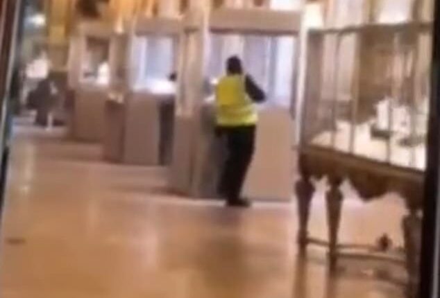 One of the suspected thieves who launched a jaw-dropping heist on the Louvre has been filmed wearing a hi-viz vest as they appear to break into a glass cabinet