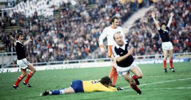 Archie Gemmill wheels away in celebration after wonder goal against Holland at 1978 World Cup in Argentina
