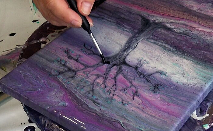 Painting A Tree On Wet Acrylic Pour With Beautifully Ghostly Results