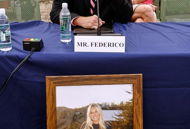 A heartbroken Stephen Federico speaks at the House Judiciary Subcommittee on Oversight field on violent crime in Charlotte, North Carolina Sept. 29 as a framed photo of his daughter, Logan Federico, 22, is on display. Logan's mother Melissa and brother Jacob are also present