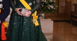Putting her best fashion foot forward, Princess Catharina-Amalia donned a stunning £7,600 jade off-the-shoulder ballgown embroidered with glittering diamantes on Friday evening