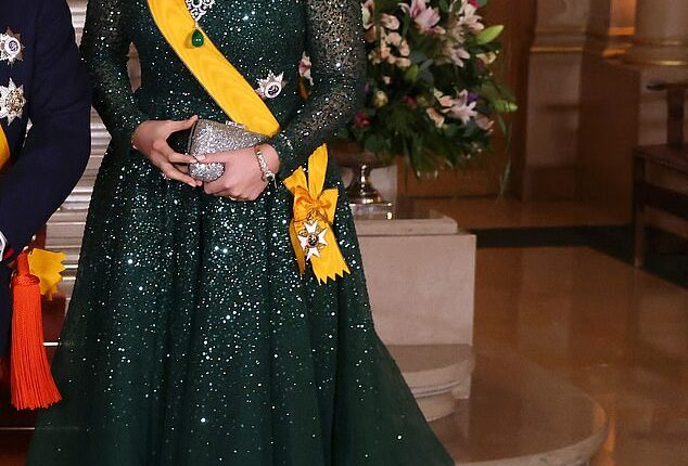 Putting her best fashion foot forward, Princess Catharina-Amalia donned a stunning £7,600 jade off-the-shoulder ballgown embroidered with glittering diamantes on Friday evening