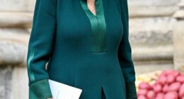 Queen Camilla wore a stylish forest green ensemble today as she arrived at Westminster Abbey to attend the National Harvest Festival Service
