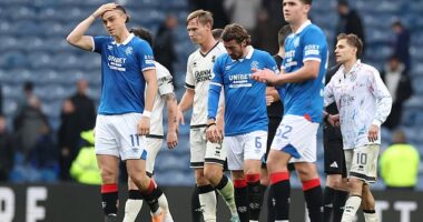 A dejected Rangers side trudge off after a hard-fought 2-2 draw with Dundee Utd