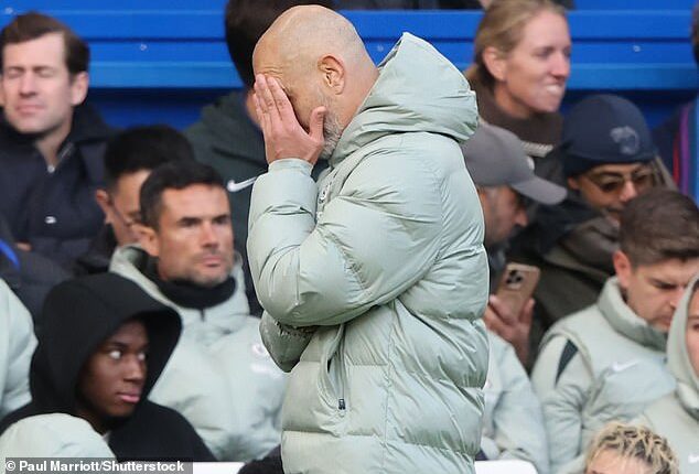 Enzo Maresca cannot bear to look as his Chelsea side are beaten by Sunderland at the weekend