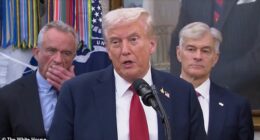 Robert F Kennedy Jr was seen using a cough to covertly put something in his mouth - which appeared to be a nicotine pouch or gum - at a press conference with the president Tuesday