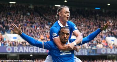 Derek Cornelius enjoys the  moment with Thelo Aasgaard after scoring the opener at Ibrox