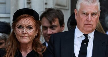 Prince Andrew and Sarah Ferguson at the Duchess of Kent's funeral in September 2025