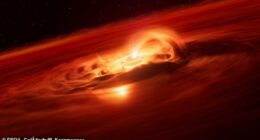 Scientists have been baffled by a young rogue planet which has put on a record-breaking growth spurt, hoovering up six billion tonnes of gas and dust every second (artist's impression)