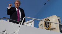 U. S. President Donald Trump gestures as he boards Air Force One on October 17, 2025 at Joint Base Andrews in Maryland. President Trump is spending his weekend at Mar-a-Lago in Palm Beach, Florida